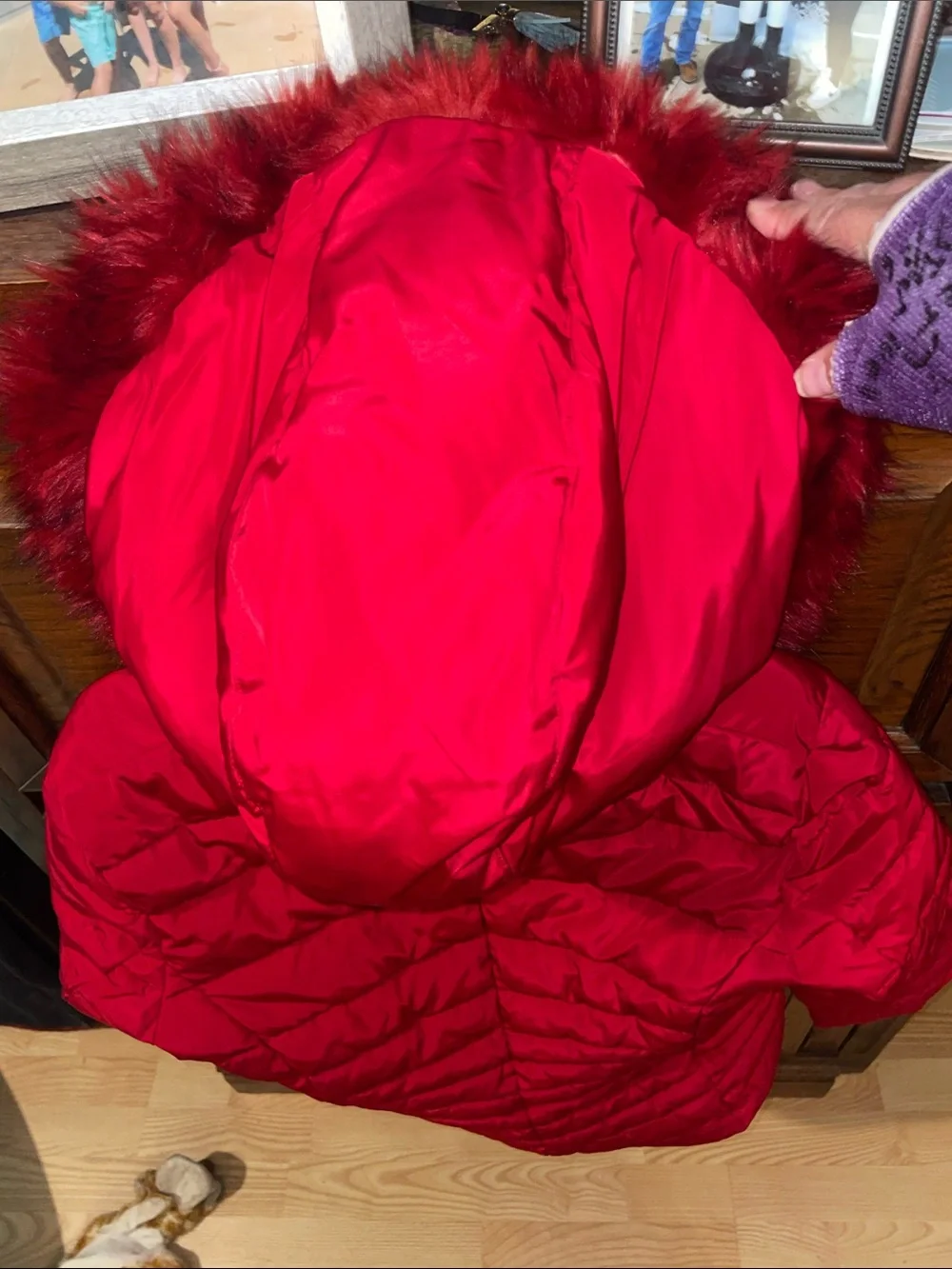 Armani Jeans Girls Red Faux Fur Quilted Winter Coat Removable Hood size 10